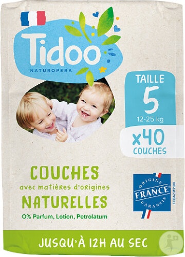 Tidoo Scutece Ecologice Mărimea 5 Copii 12-25kg Fabricat Franța 40 Bucăți - Img 1