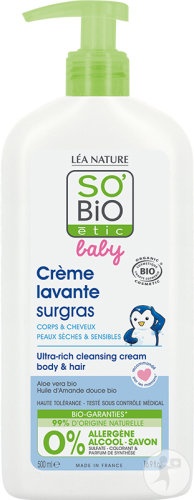So'Bio Étic Baby Cremă De Curățare Surgras Pentru Corp Și Păr Piele Uscată Și Sensibilă 500ml - Img 1