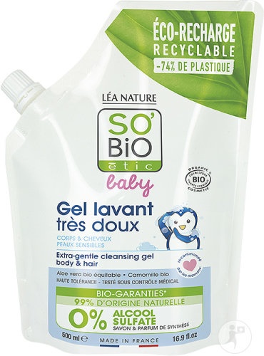 So'Bio Étic Gel De Curățare Foarte Delicat Bebeluși Corp/Păr/Piele Sensibilă Reîncărcabil Eco 500ml - Img 1