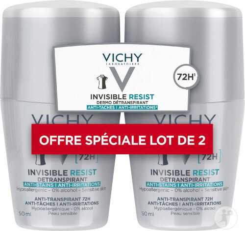 Vichy Invisible Resist Dermo-Transpirant 72h Anti-Pete Anti-Iritații Roll-On 2x50ml - Img 1