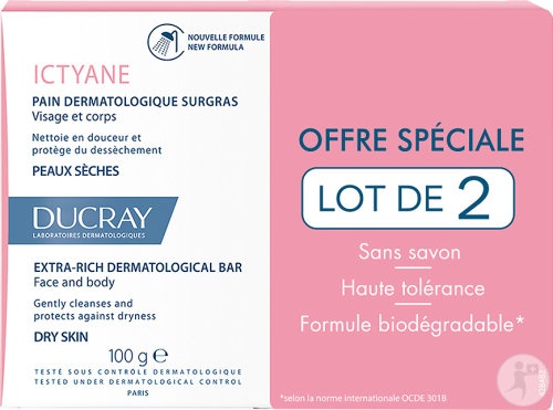 Ducray Ictyane Săpun Dermatologic Surgras Pentru Față Și Corp Piele Uscată 2x100g - Img 1