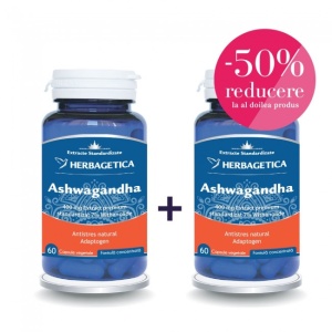 ASHWAGANDHA * 60+60 CAPSULE, PACHET PROMO 1+50% REDUCERE LA AL DOILEA PRODUS, HERBAGETICA