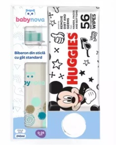 PACHET BABY NOVA BIBERON STICLA DECOR * 240 ML+SERVETELE UMEDE HUGGHIES*56 BUC