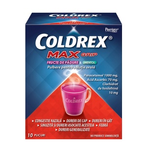 Coldrex maxGrip cu fructe de padure si mentol, 10 plicuri, Perrigo
