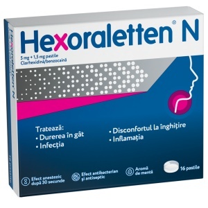 Hexoraletten N, 5 mg + 1.5 mg, 16 comprimate, Mcneil