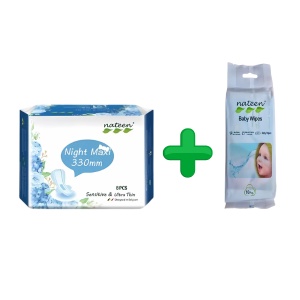 ABSORBANTE SENSITIVE NIGHT* 8 BUC NATEEN + SERVETELE UMEDE 99% APA BABY WIPES*10 BUC NATEEN