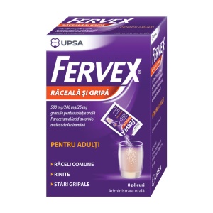 Fervex Raceala si Gripa pentru adulti 500mg/200mg/25mg, 8 plicuri