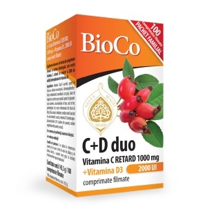 BIOCO C+D DUO, VITAMINA C 1000 MG RETARD+VITAMINA D3 2000 UI * 100 COMPRIMATE FILMATE
