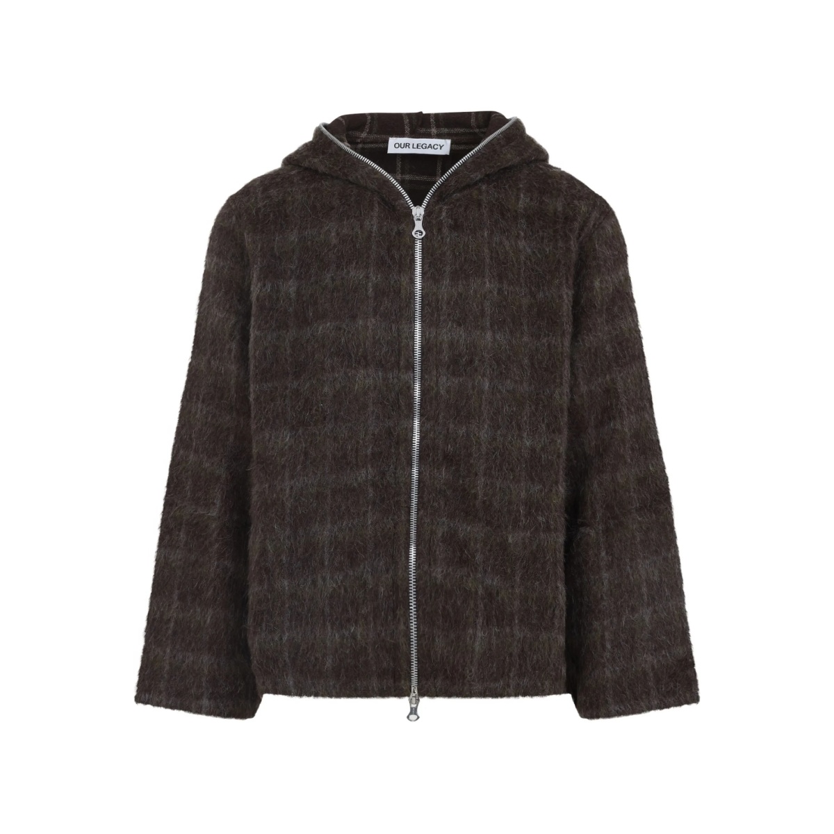 check-pattern wool zip-up hoodie