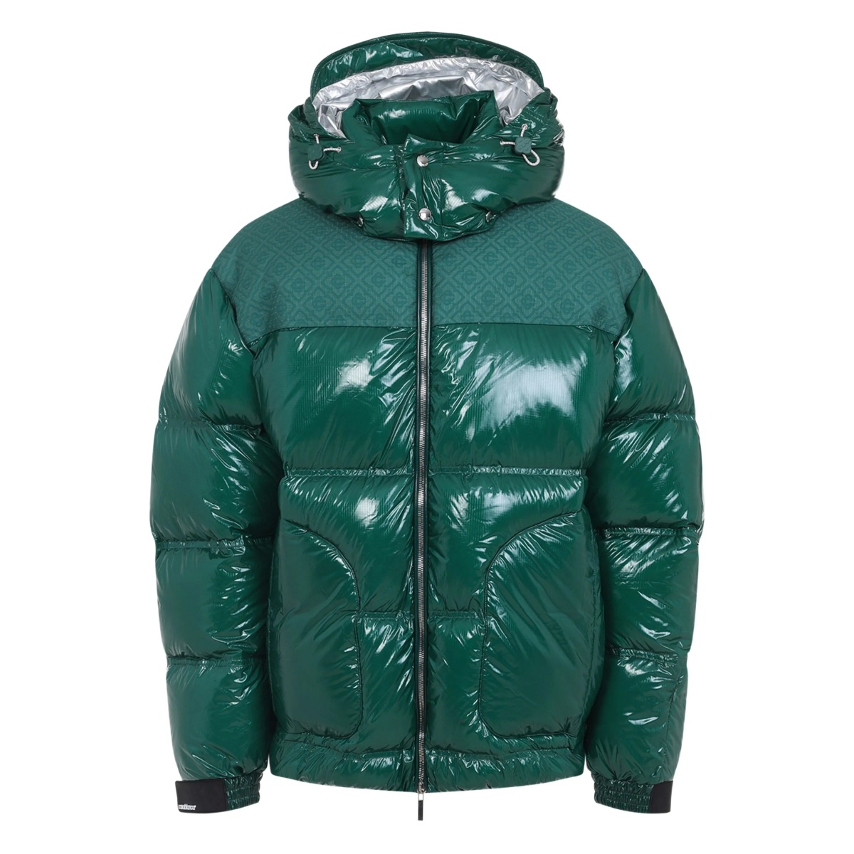high-shine patterned-panel puffer jacket