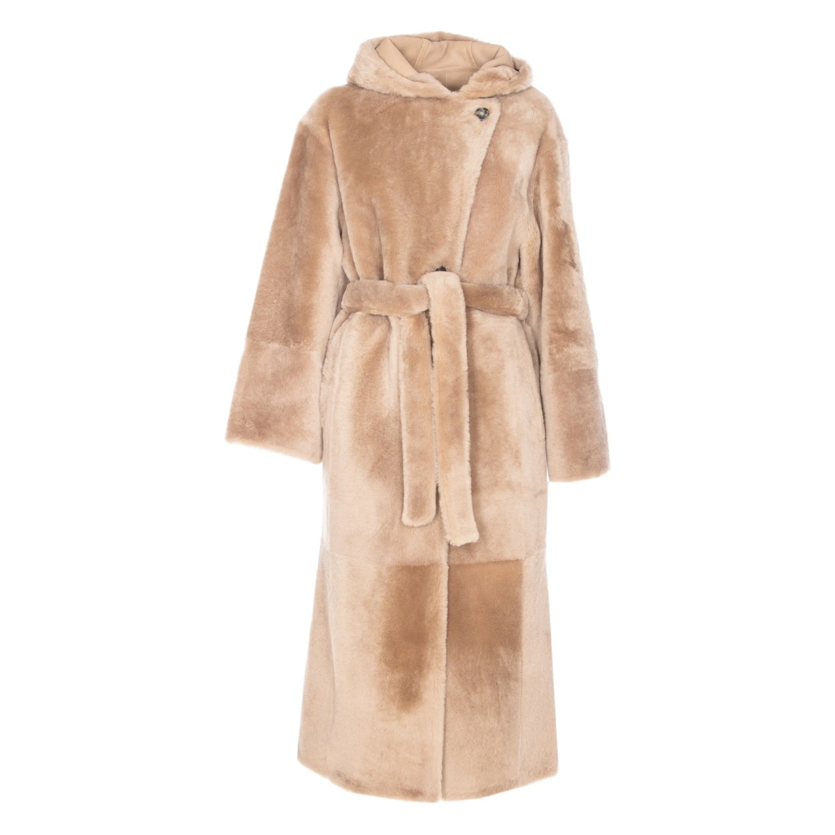 hooded belted faux-fur coat