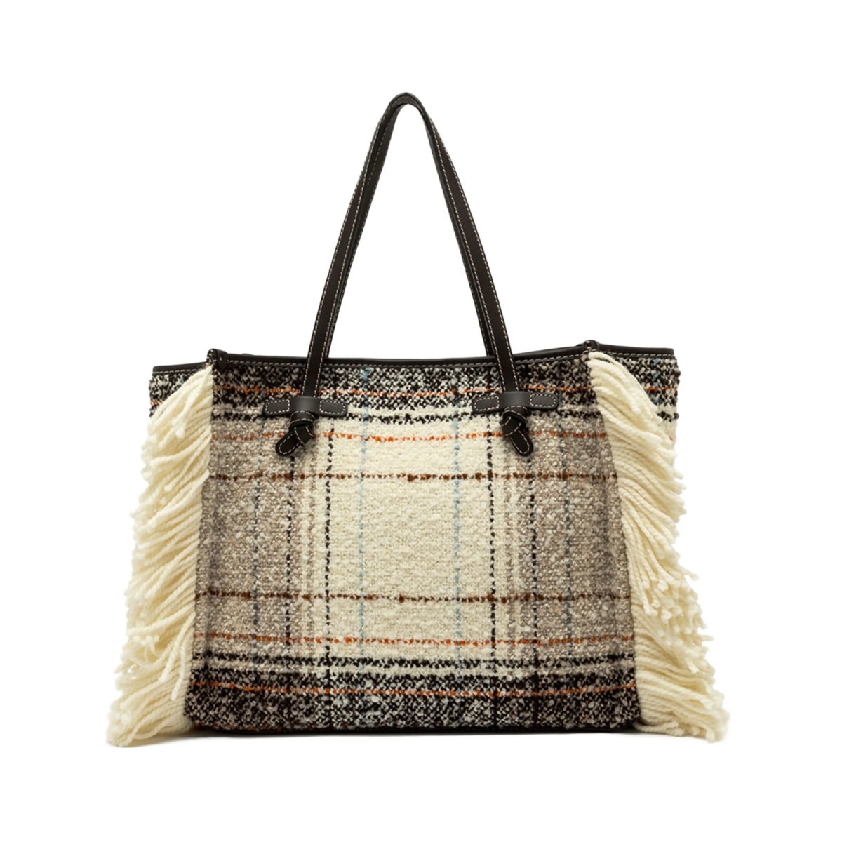 plaid fringed tote bag