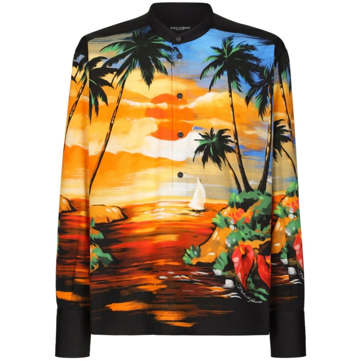 sunset-print collarless shirt