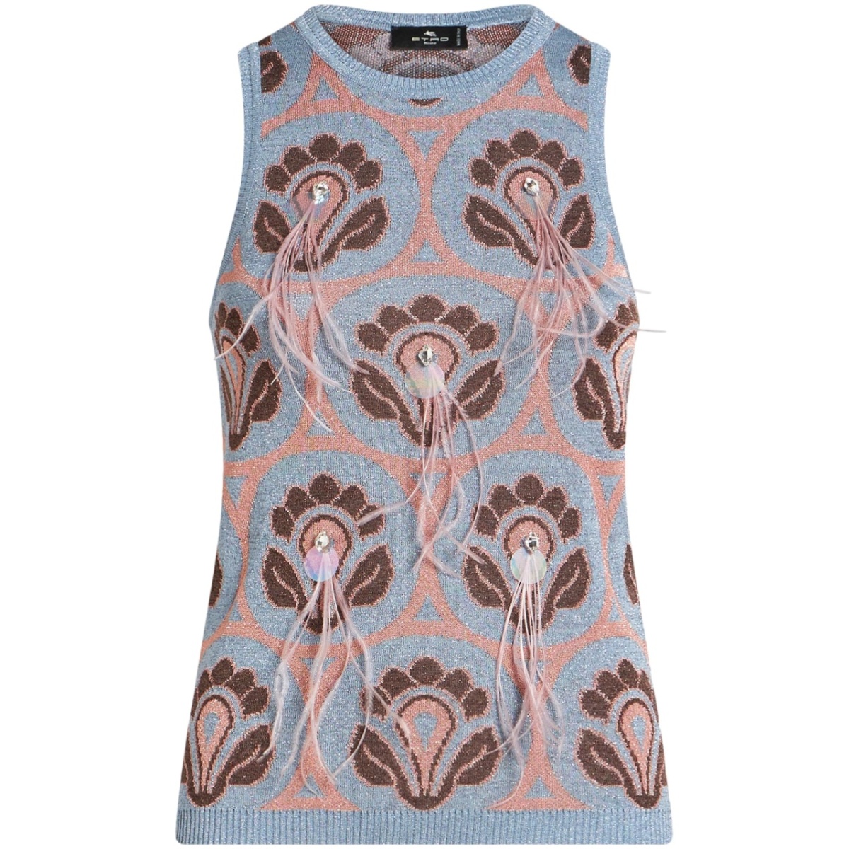 feather-embellished jacquard top