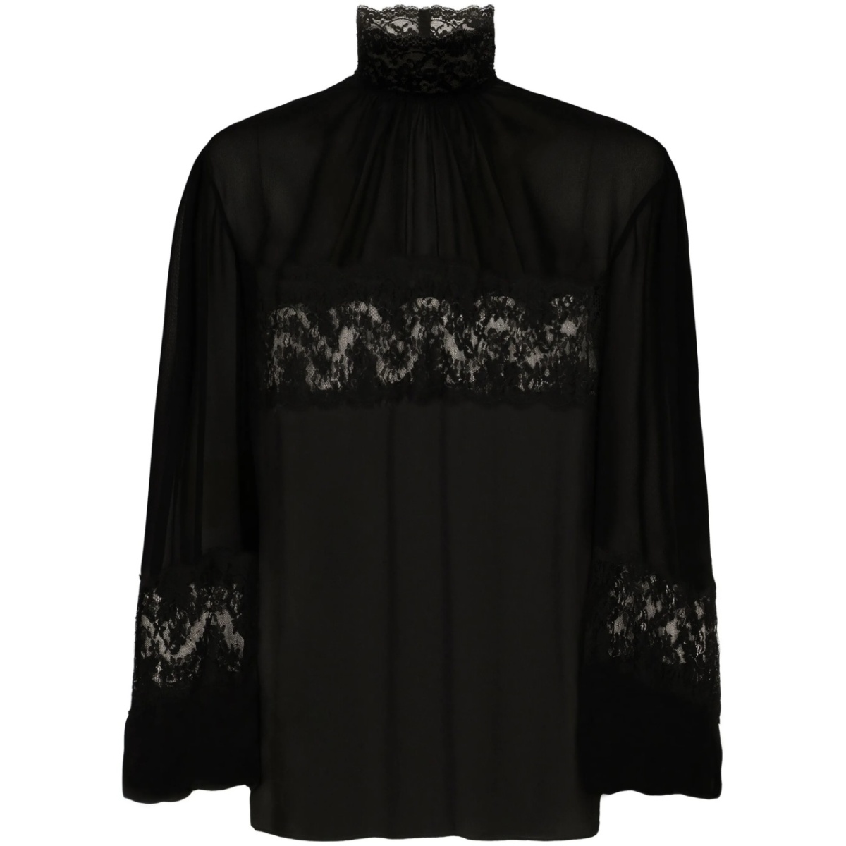 lace-embellished high-neck blouse