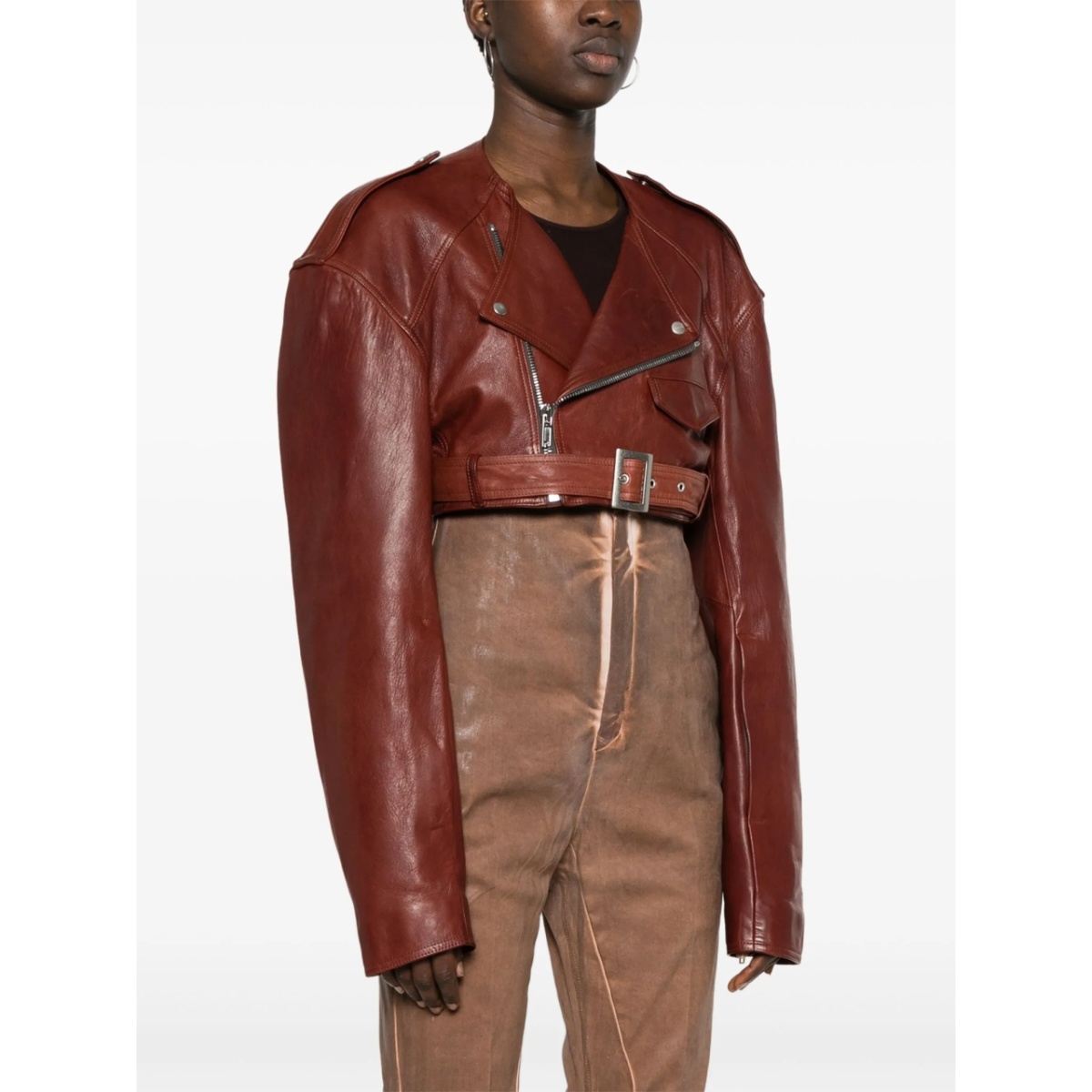 Micro Biker cropped leather jacket - Img 3