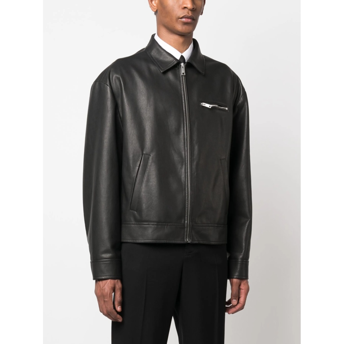triangle-logo leather bomber jacket - Img 3