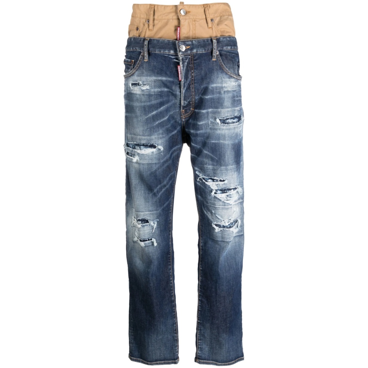 double-waist distressed jeans