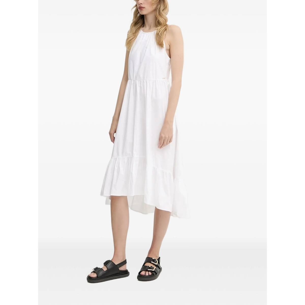 halter-neck tiered midi dress