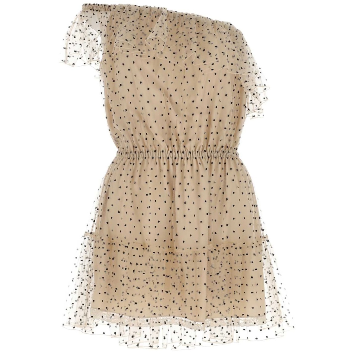 polka-dot one-shoulder minidress