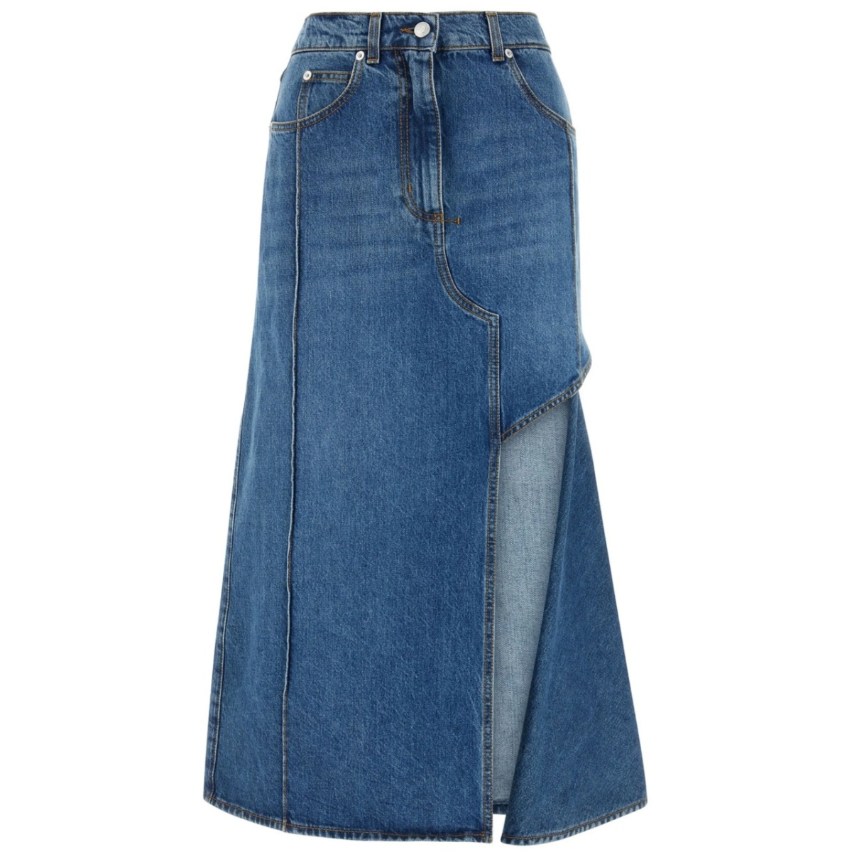 Slashed denim midi skirt