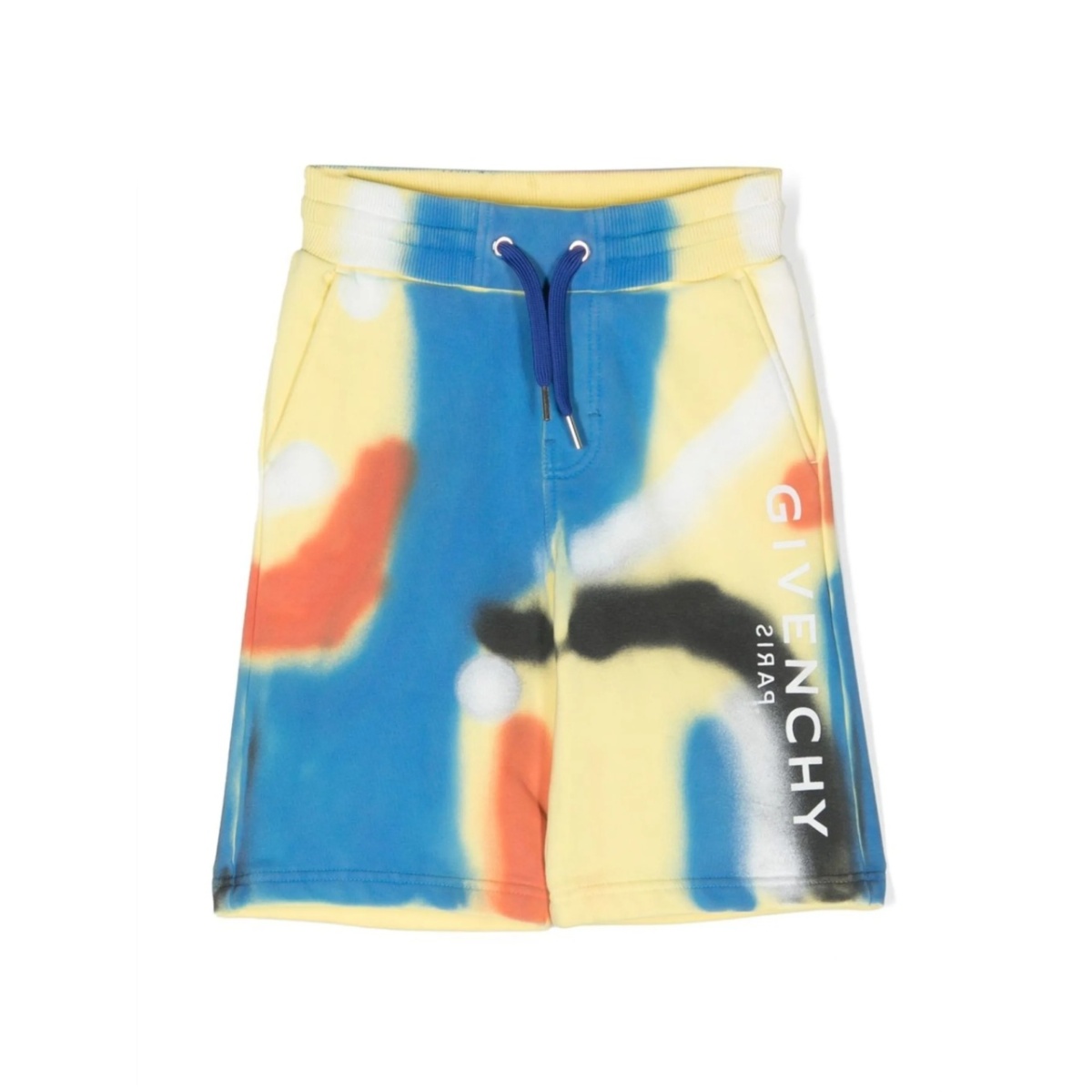 spray-paint print track shorts
