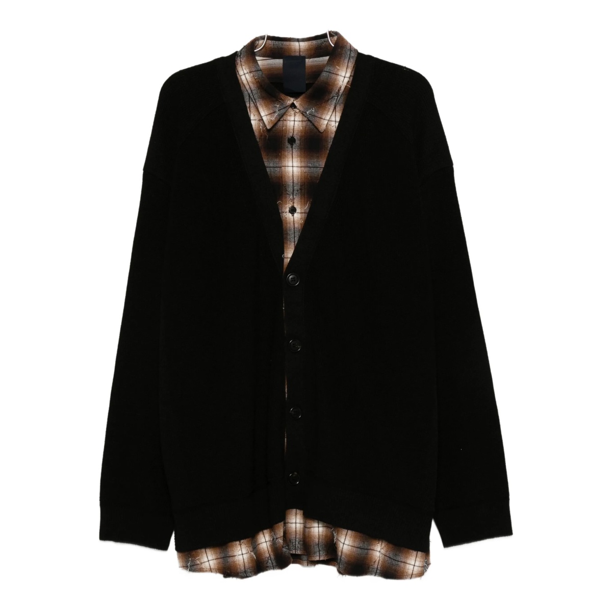 button-front plaid-layered cardigan