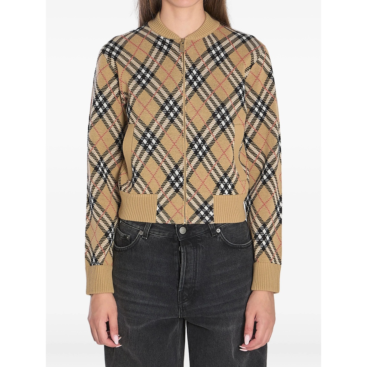 checked zip-up cardigan