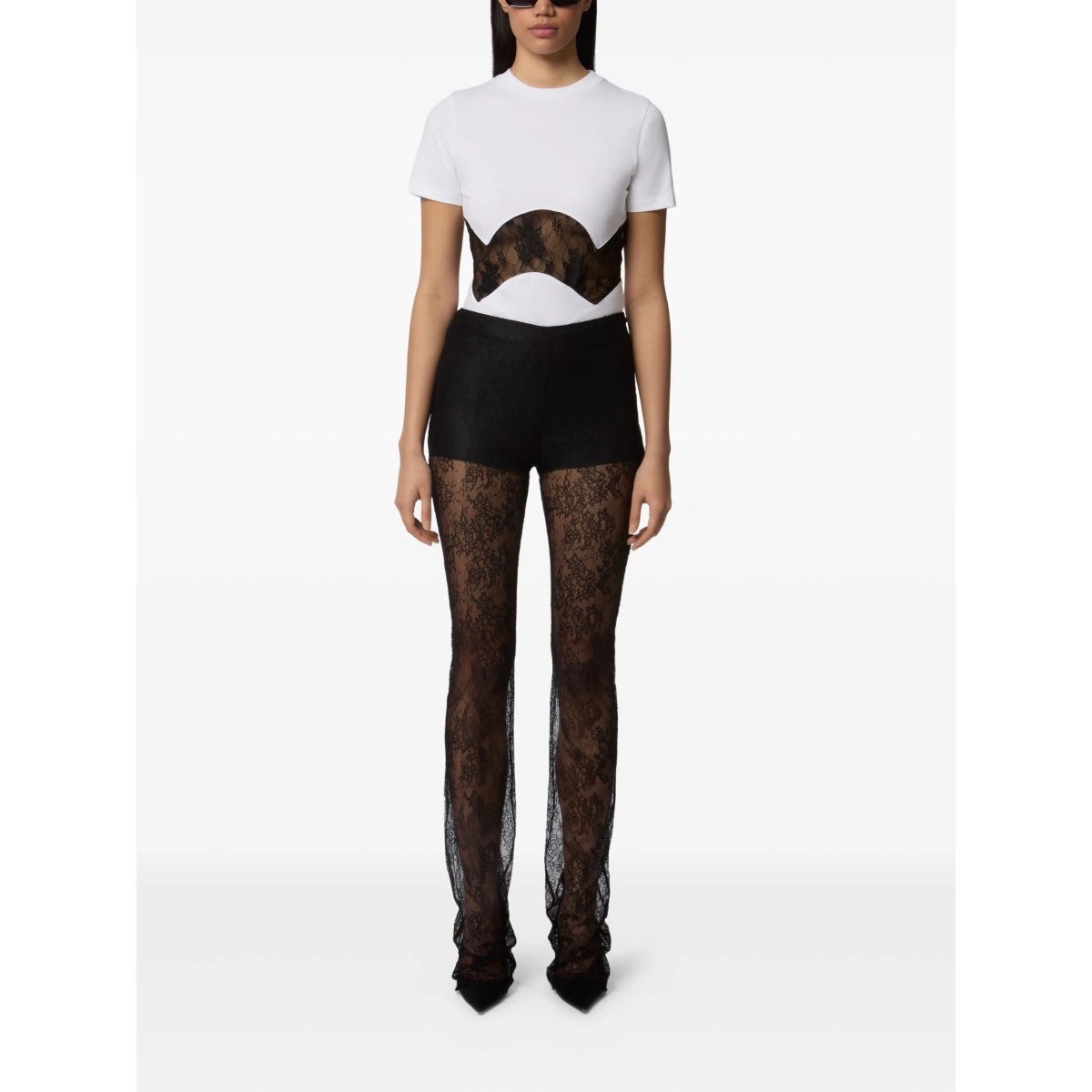 lace-insert cotton T-shirt - Img 2