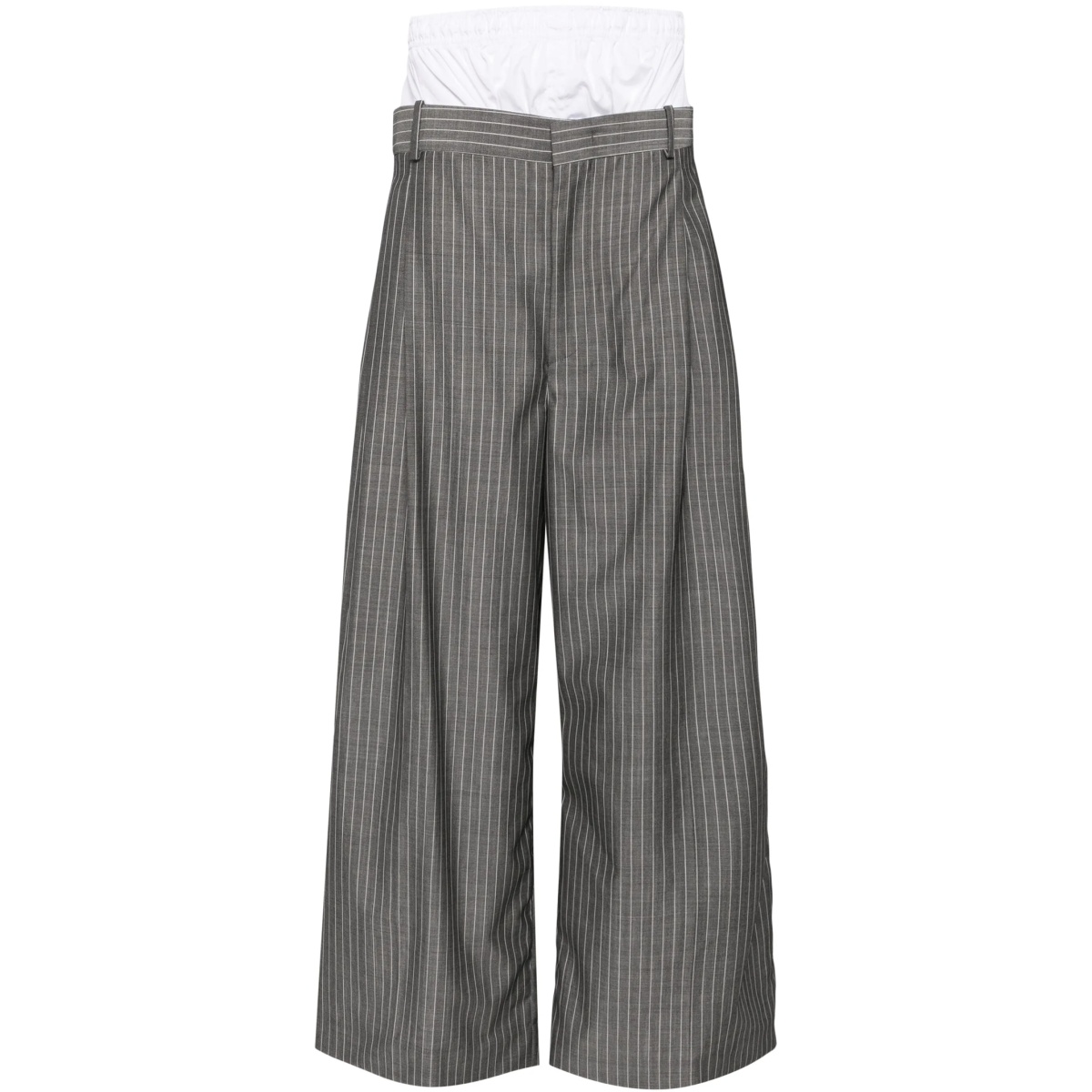 layered pinstriped trousers
