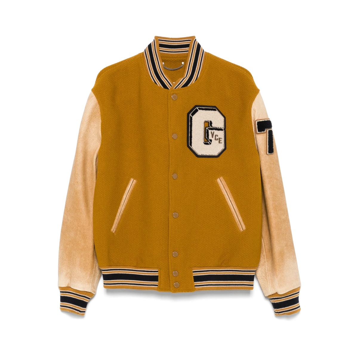 leather-sleeved jacket