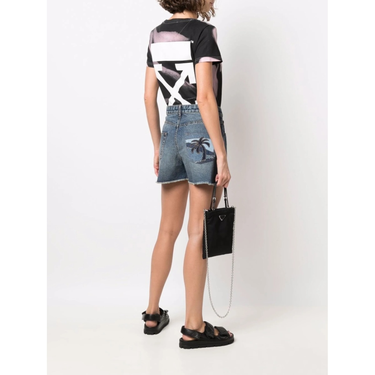 palm tree-embroidered frayed denim shorts - Img 2