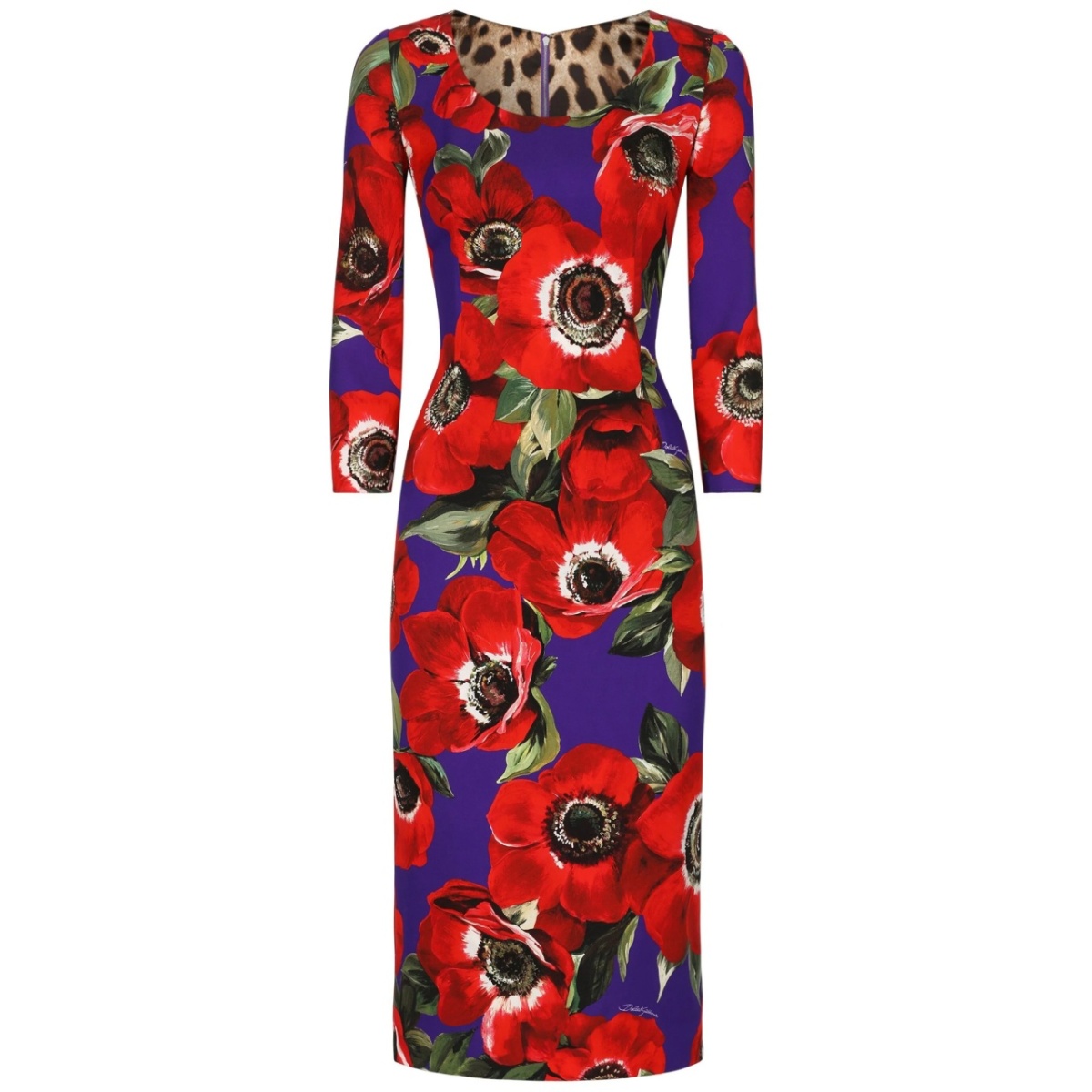poppy-print round-neck midi dress