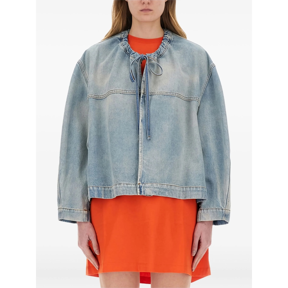 drawstring-collar denim jacket