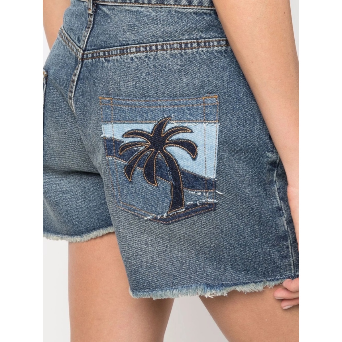 palm tree-embroidered frayed denim shorts - Img 5