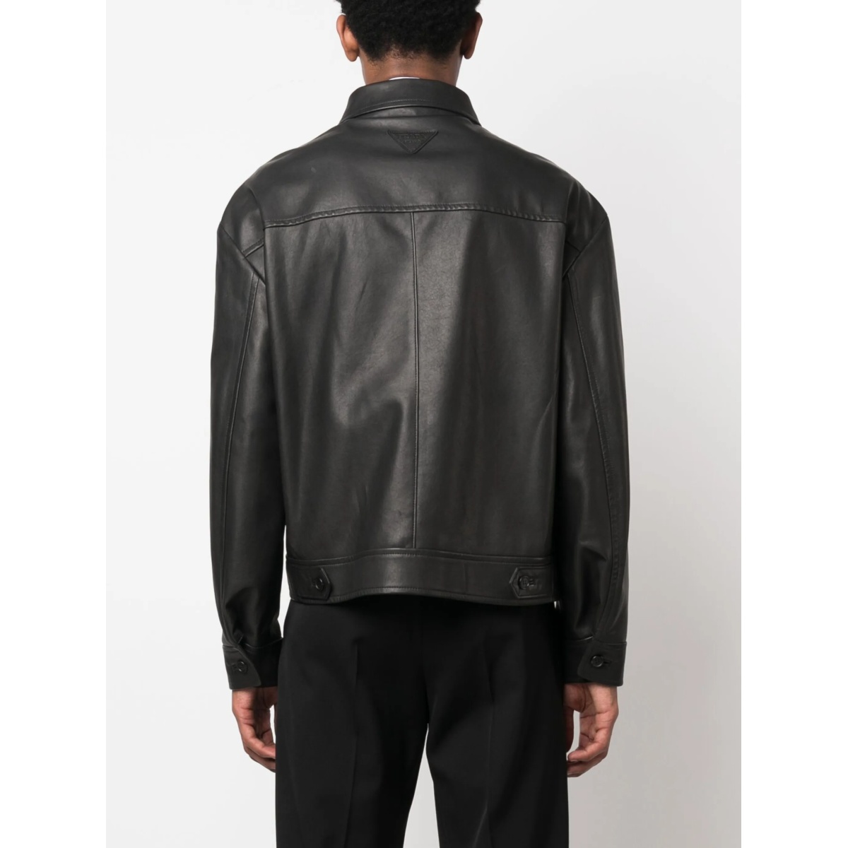 triangle-logo leather bomber jacket - Img 4