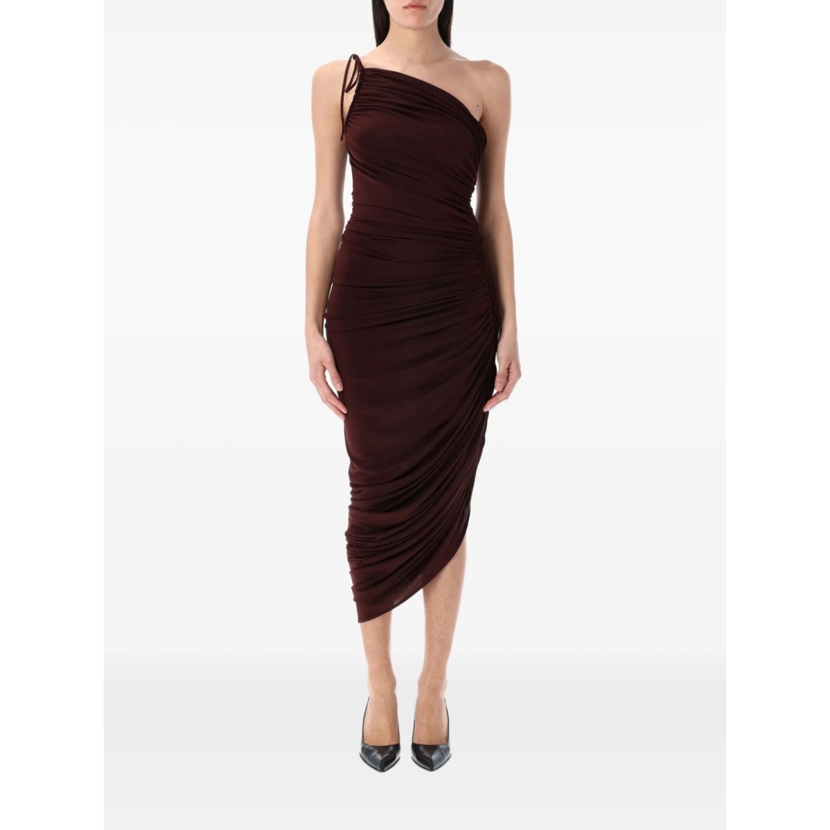 asymmetric ruched midi dress