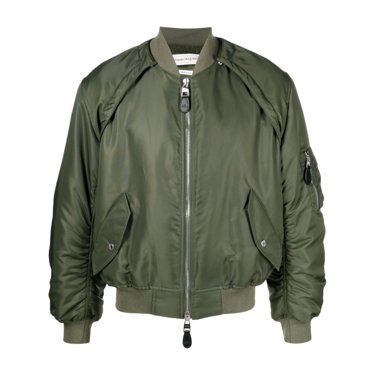 detachable-sleeve ruched bomber jacket