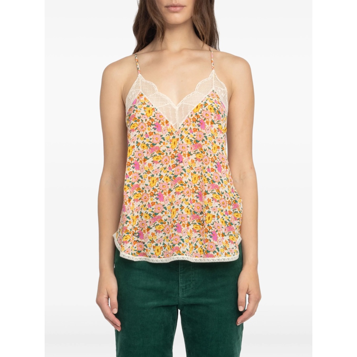 floral-print lace-trim top