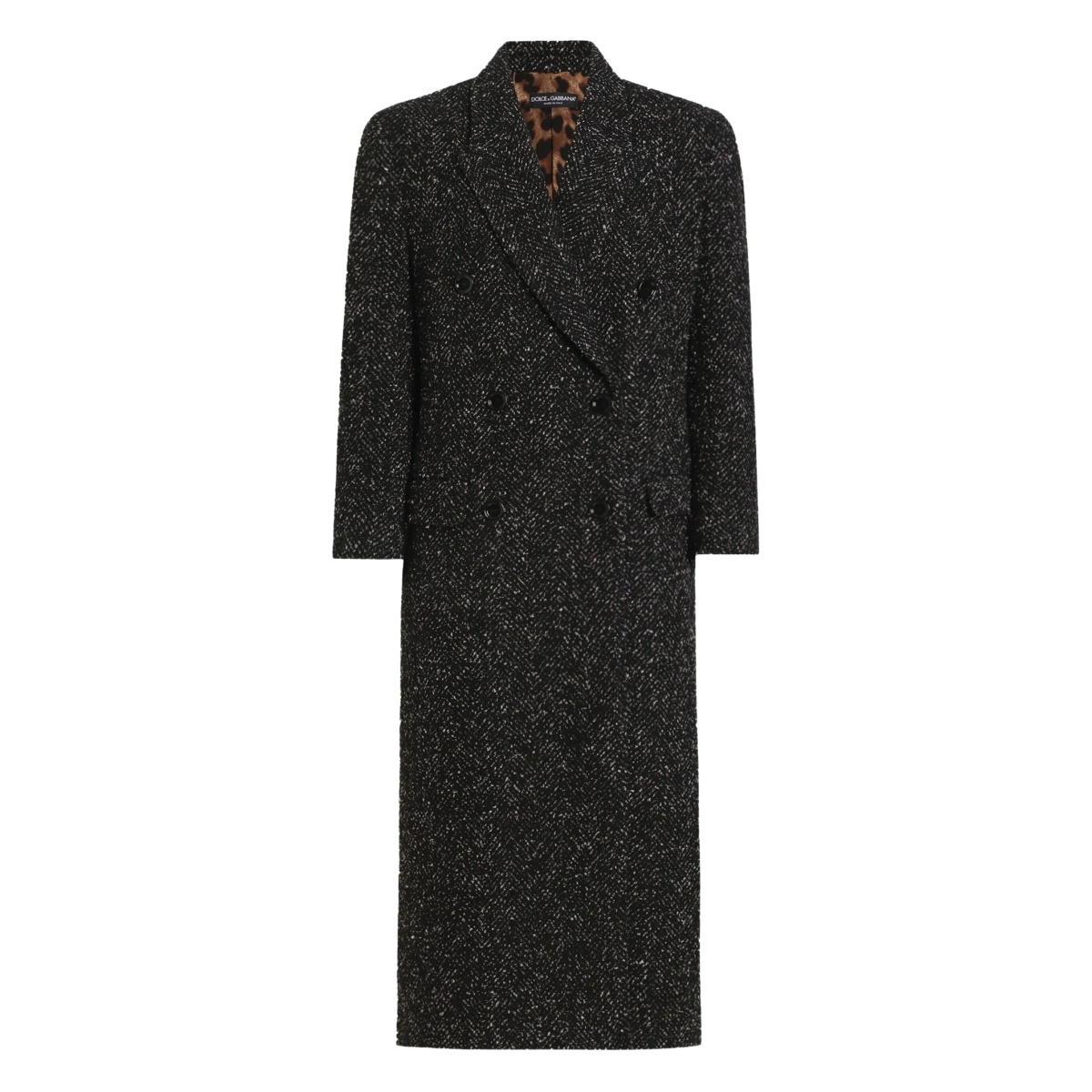 herringbone-pattern double-breasted coat