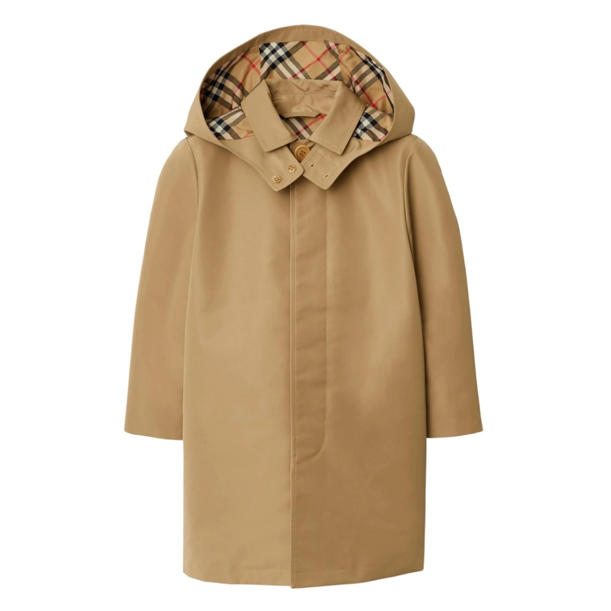 hooded check-lined trench coat
