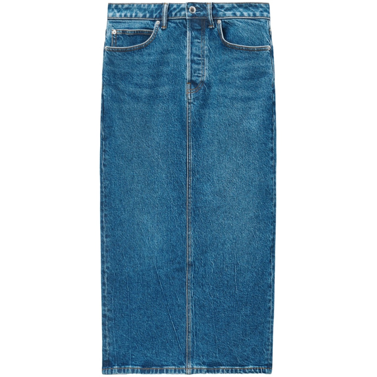 low-rise denim midi skirt