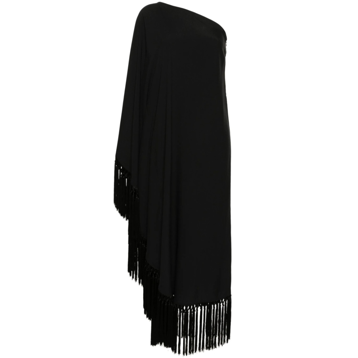 one-shoulder fringed midi dress