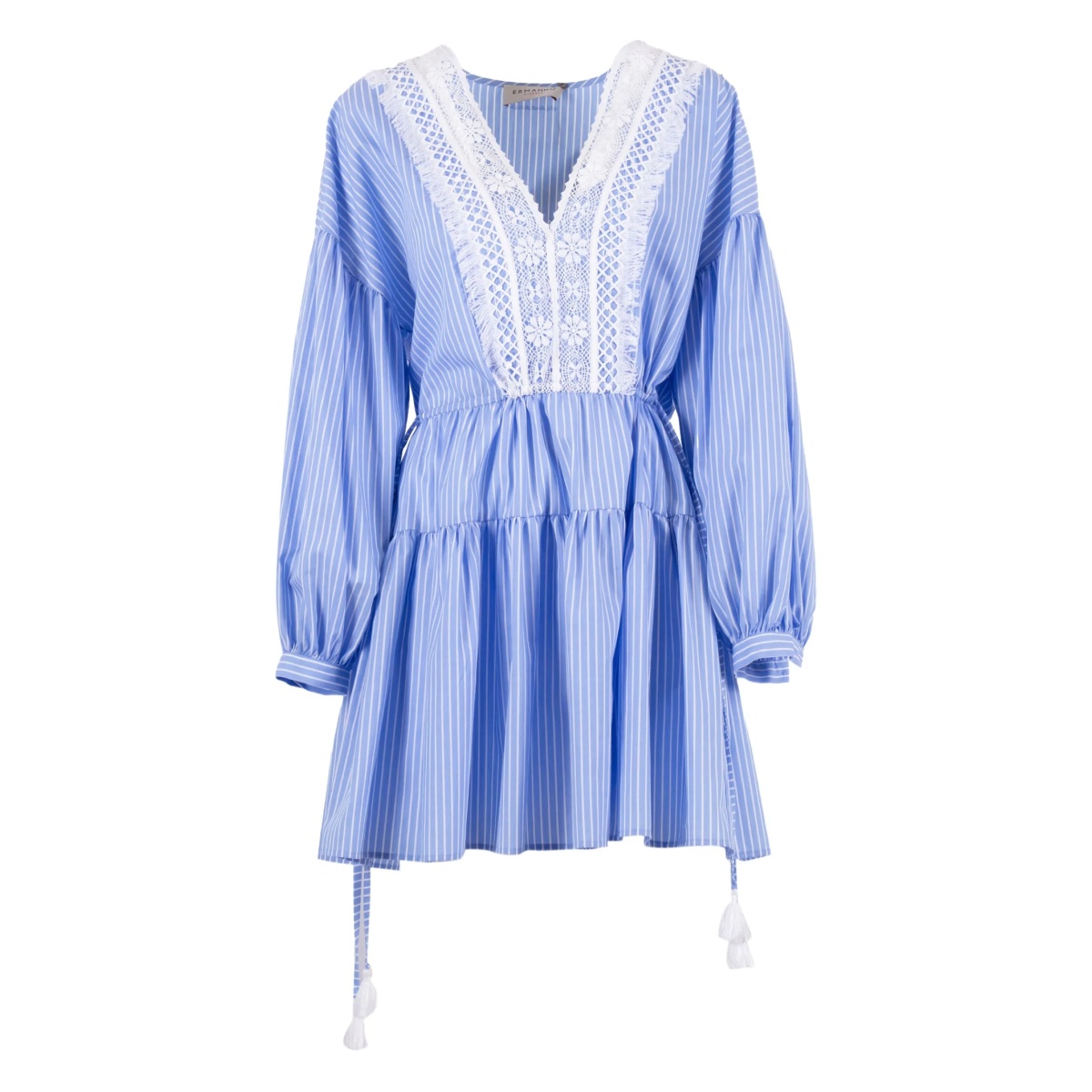 striped lace-insert mini dress