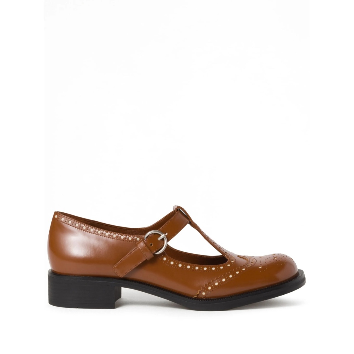 Brushed leather T-strap brogue shoes