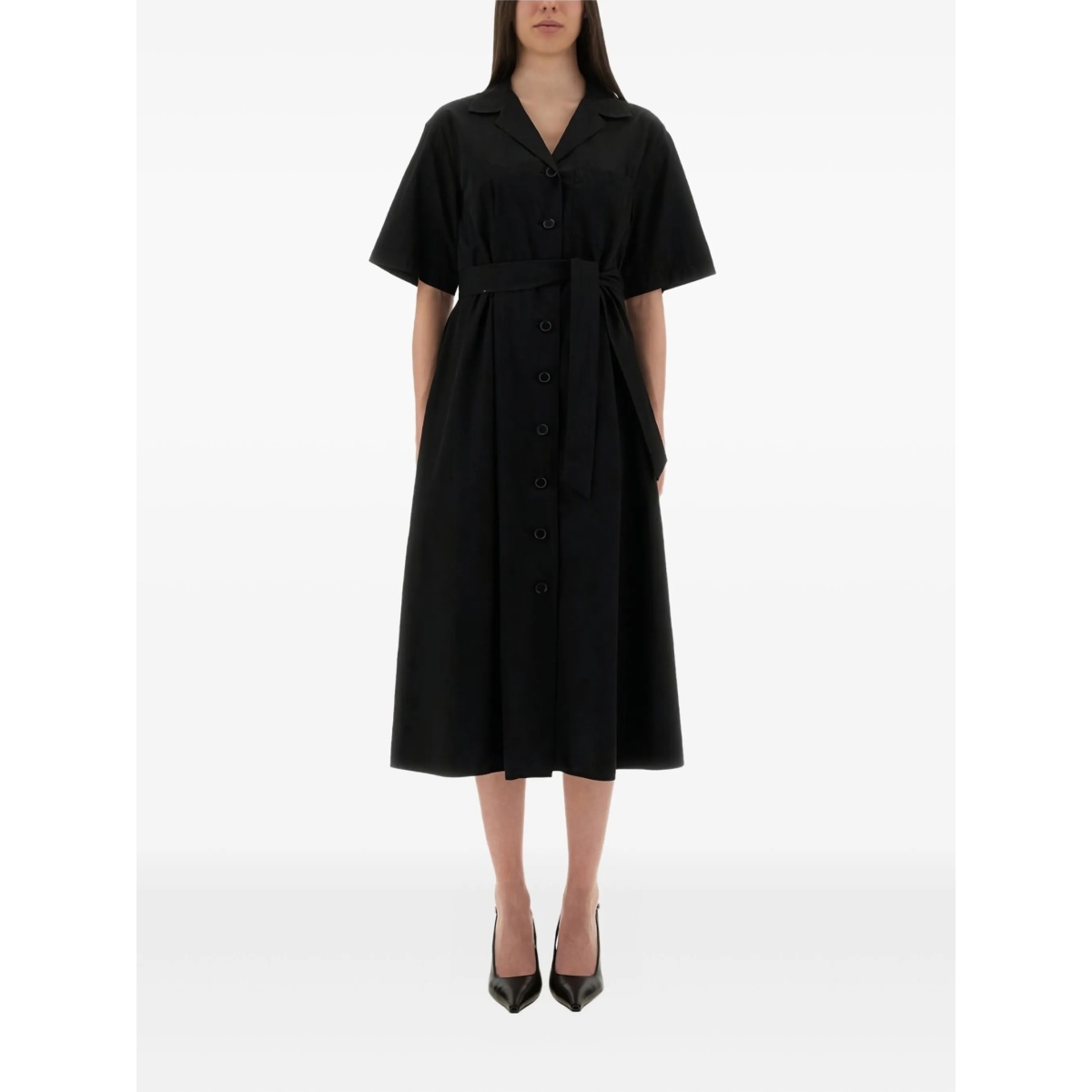 button-fastening belted maxi dress