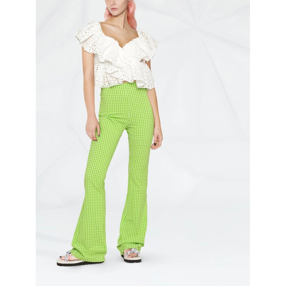 check-pattern flared trousers - Img 2