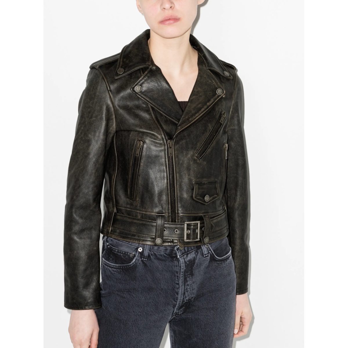 distressed-effect leather biker jacket - Img 2