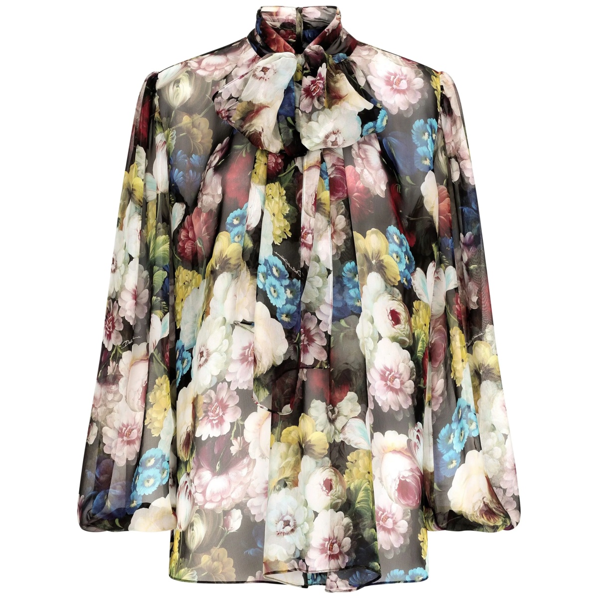 floral-print attached-scarf silk blouse