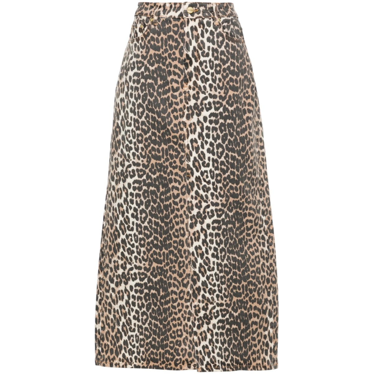 high-waisted leopard-print denim midi skirt